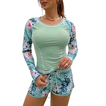 Women's Long Sleeve Two Piece Swimsuit Set with High Waisted Boyshorts
