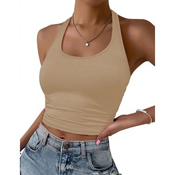 Ekouaer Women Halter Top Slim Stretchy Ribbed Knit Camisole Crop