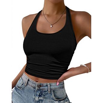 Ekouaer Women Halter Top Slim Stretchy Ribbed Knit Camisole Crop