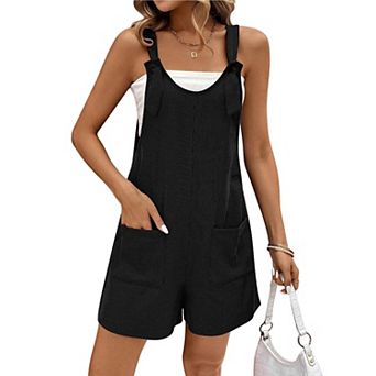 Ekouaer Summer Rompers for Women Loose Fit Ribbed Jumpsuits Scoop Neck Overall Shorts with Pocket