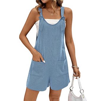 Ekouaer Summer Rompers for Women Loose Fit Ribbed Jumpsuits Scoop Neck Overall Shorts with Pocket