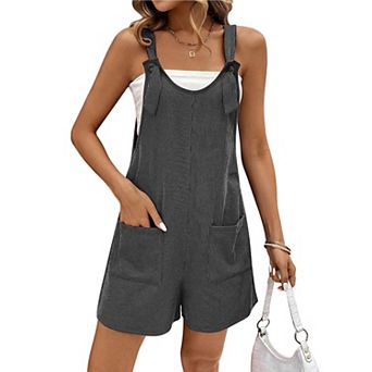 Ekouaer Summer Rompers for Women Loose Fit Ribbed Jumpsuits Scoop Neck Overall Shorts with Pocket