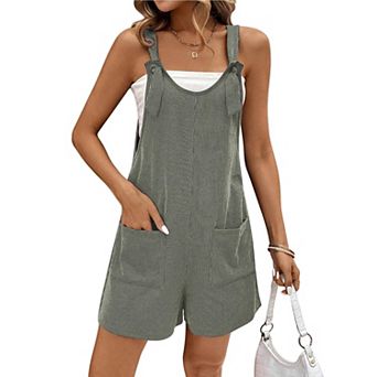 Ekouaer Summer Rompers for Women Loose Fit Ribbed Jumpsuits Scoop Neck Overall Shorts with Pocket