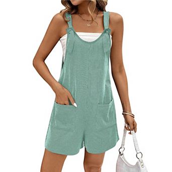 Ekouaer Summer Rompers for Women Loose Fit Ribbed Jumpsuits Scoop Neck Overall Shorts with Pocket