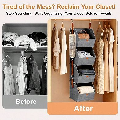 4 Tier Hanging Closet Organizer with Mesh Sock Pocket - Space Saving for Closets, Bedrooms, RVs