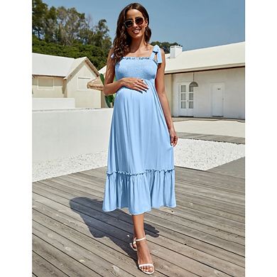 Women's Maternity Sleeveless Strap Smocked Boho Ruffle Cami Midi Dress
