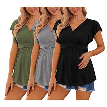 Ekouaer Maternity Shirts Flying Short Sleeve 3 Packs Nursing Tops Pregnancy Tee Floral