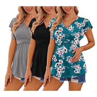 Ekouaer Maternity Shirts Flying Short Sleeve 3 Packs Nursing Tops Pregnancy Tee Floral
