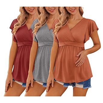 Ekouaer Maternity Shirts Flying Short Sleeve 3 Packs Nursing Tops Pregnancy Tee Floral