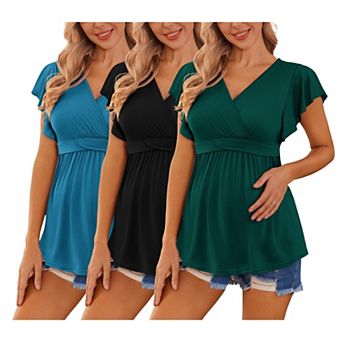 Ekouaer Maternity Shirts Flying Short Sleeve 3 Packs Nursing Tops Pregnancy Tee Floral