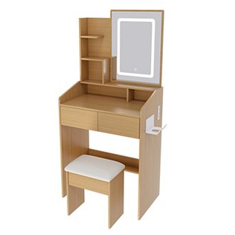 Merax Vanity Table with LED-Illuminated Mirror, Power Outlet, Hairdryer Holder & Stool