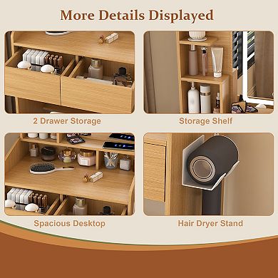 Merax Vanity Table with LED-Illuminated Mirror, Power Outlet, Hairdryer Holder & Stool
