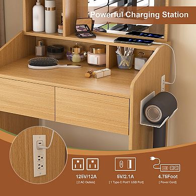 Merax Vanity Table with LED-Illuminated Mirror, Power Outlet, Hairdryer Holder & Stool