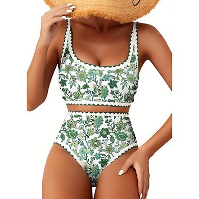Women's Floral Print Two Piece Bathing Suit with Scalloped Edge and High Rise Briefs