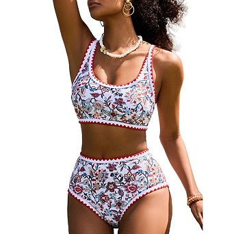 Women's Floral Print Two Piece Bathing Suit with Scalloped Edge and High Rise Briefs