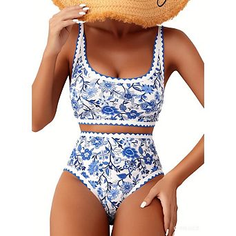 Women's Floral Print Two Piece Bathing Suit with Scalloped Edge and High Rise Briefs