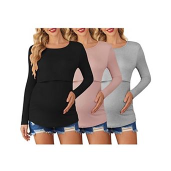Ekouaer Women 3 Packs Nursing Shirts Long Sleeve Maternity Tops Double Layer Breastfeeding Tees