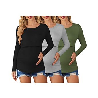 Ekouaer Women 3 Packs Nursing Shirts Long Sleeve Maternity Tops Double Layer Breastfeeding Tees
