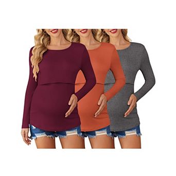 Ekouaer Women 3 Packs Nursing Shirts Long Sleeve Maternity Tops Double Layer Breastfeeding Tees