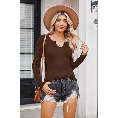 Zeagoo Women's Long Sleeve V-Neck Rib Knit Pullover Tee Basic Casual Tops for Daily Going Out