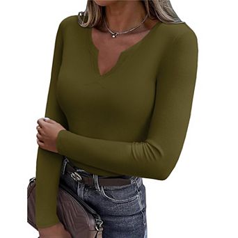 Zeagoo Women's Long Sleeve V-Neck Rib Knit Pullover Tee Basic Casual Tops for Daily Going Out