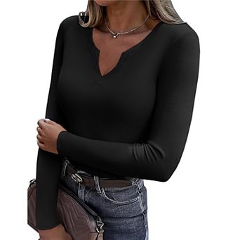 Zeagoo Women's Long Sleeve V-Neck Rib Knit Pullover Tee Basic Casual Tops for Daily Going Out