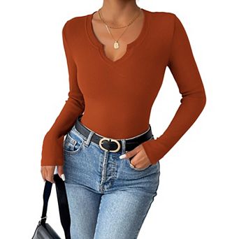 Zeagoo Women's Long Sleeve V-Neck Rib Knit Pullover Tee Basic Casual Tops for Daily Going Out