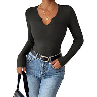 Zeagoo Women's Long Sleeve V-Neck Rib Knit Pullover Tee Basic Casual Tops for Daily Going Out