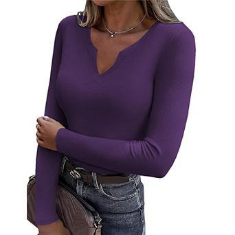 Zeagoo Women's Long Sleeve V-Neck Rib Knit Pullover Tee Basic Casual Tops for Daily Going Out