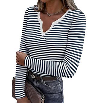 Zeagoo Women's Long Sleeve V-Neck Rib Knit Pullover Tee Basic Casual Tops for Daily Going Out