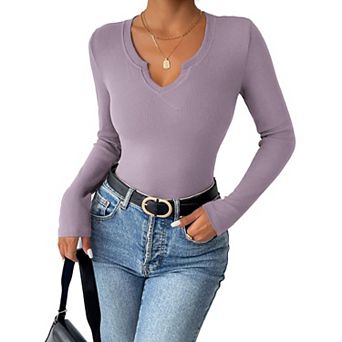 Zeagoo Women's Long Sleeve V-Neck Rib Knit Pullover Tee Basic Casual Tops for Daily Going Out