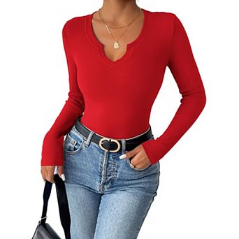 Zeagoo Women's Long Sleeve V-Neck Rib Knit Pullover Tee Basic Casual Tops for Daily Going Out