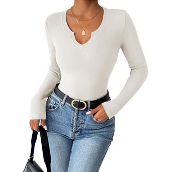 Zeagoo Women's Long Sleeve V-Neck Rib Knit Pullover Tee Basic Casual Tops for Daily Going Out