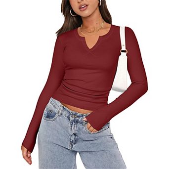 Zeagoo Women's Long Sleeve V-Neck Rib Knit Pullover Tee Basic Casual Tops for Daily Going Out