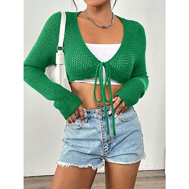 Women's Cropped Knit Tie Front Cardigan Long Sleeve Open Front Casual Top for Daily Wear
