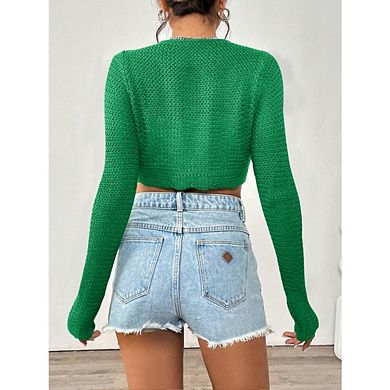 Women's Cropped Knit Tie Front Cardigan Long Sleeve Open Front Casual Top for Daily Wear