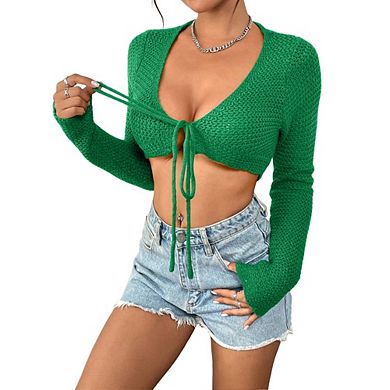 Women's Cropped Knit Tie Front Cardigan Long Sleeve Open Front Casual Top for Daily Wear