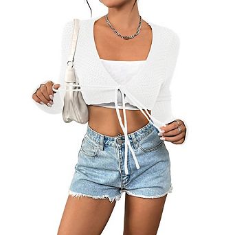 Women's Cropped Knit Tie Front Cardigan Long Sleeve Open Front Casual Top for Daily Wear
