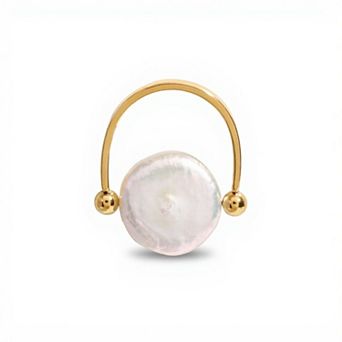 Women's Gold Tone Adjustable Ring with Round Irregular Pearl Center and Polished Bead Accents