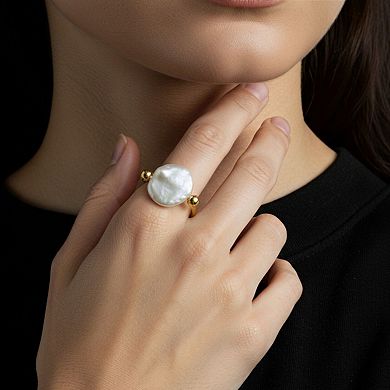 Women's Gold Tone Adjustable Ring with Round Irregular Pearl Center and Polished Bead Accents