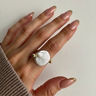 Women's Gold Tone Adjustable Ring with Round Irregular Pearl Center and Polished Bead Accents