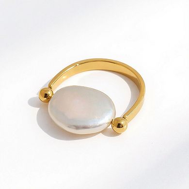 Women's Gold Tone Adjustable Ring with Round Irregular Pearl Center and Polished Bead Accents