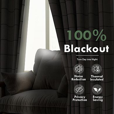 DriftAway 100% Blackout Windowpane Plaid Linen Curtains Yarn Dyed Woven Lined Farmhouse Drapes