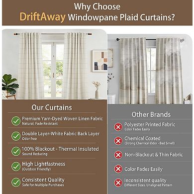 DriftAway 100% Blackout Windowpane Plaid Linen Curtains Yarn Dyed Woven Lined Farmhouse Drapes