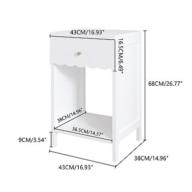 Modern White Nightstand with Storage Drawer & Shelf Scalloped Edge for Bedroom Kids Room