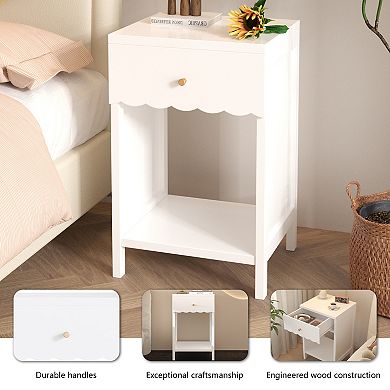 Modern White Nightstand with Storage Drawer & Shelf Scalloped Edge for Bedroom Kids Room