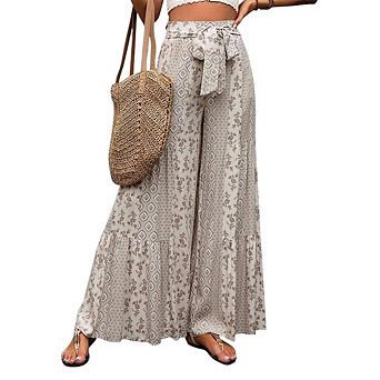 Women Casual High Waist Wide Leg Boho Printed Loose Flowy Pants with Pocket