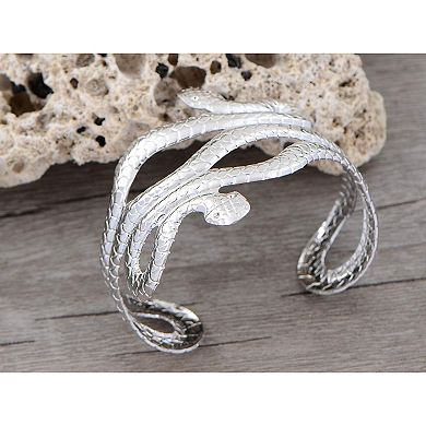 Gold Silver Metal Tone Asian Carved Double Twin Dancing Snakes Serpents Bangle Bracelet