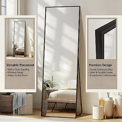 KSIZUIS 56" Black Full Length Mirror with Stand - Wall or Floor Standing for Bedroom & Bathroom