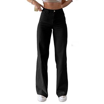 Women's High Waist Jeans Casual Denim Pants Button Zip Closure Pockets Trousers